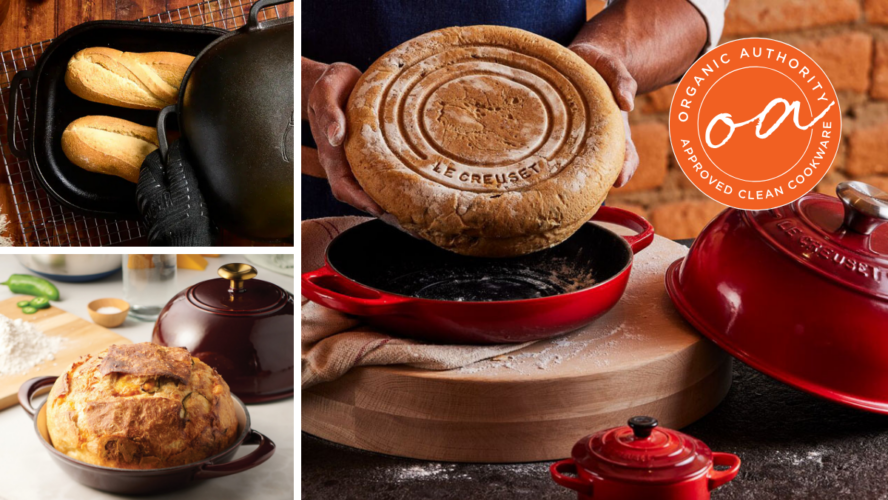 Collage of three bread ovens, the Challenger Breadware Bread Pan, Tramontina Cast Iron Bread Oven, and the Le Creuset Bread Oven.
