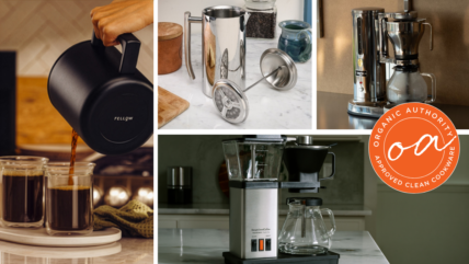 A collage image of the four best plastic-free or low-plastic coffee makers on the market.