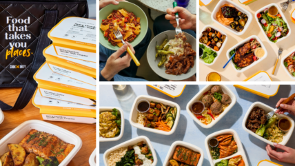 Collage of several images of CookUnity meals, shown both in their original packaging and in bowls.