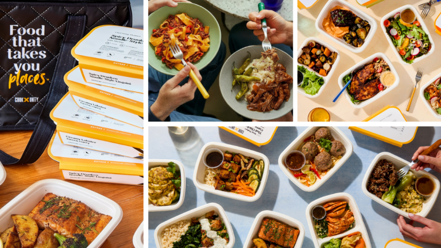 Collage of several images of CookUnity meals, shown both in their original packaging and in bowls.