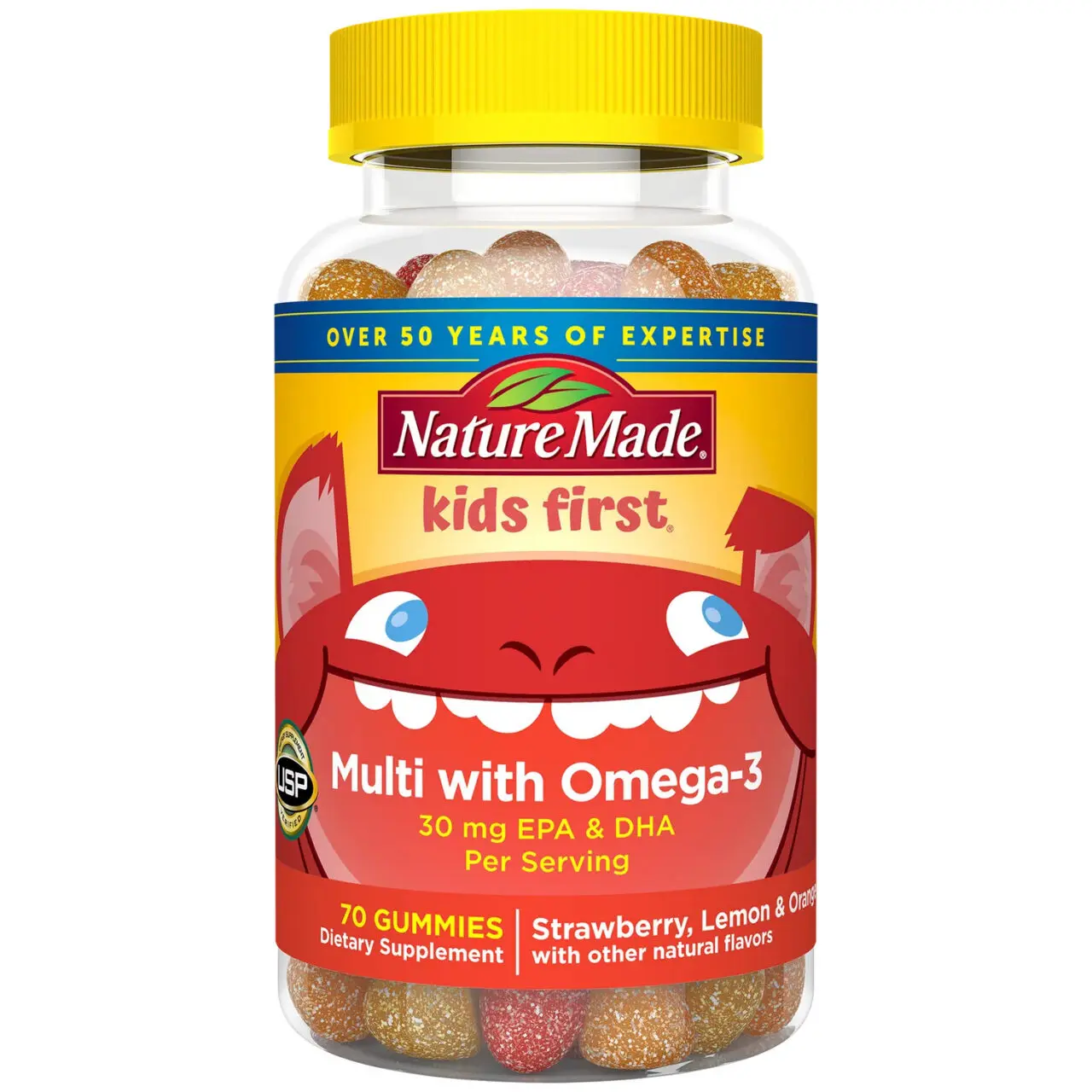 Image of a bottle of Nature Made Kids First vitamins with Omega-3s.