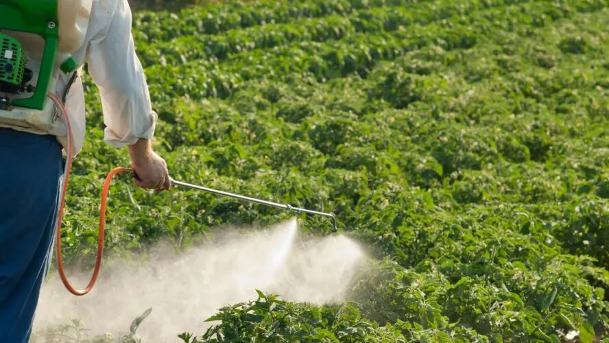 Image of a pesticide applicator spraying potentially cancer-causing pesticides on a field.