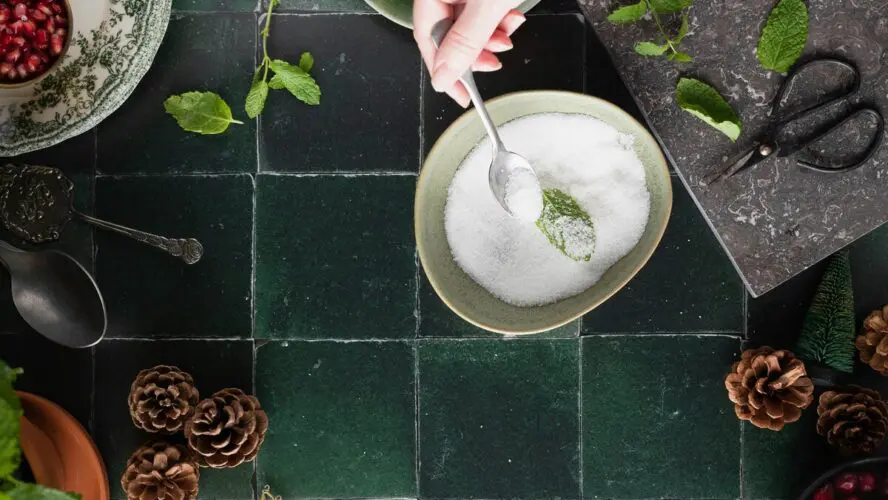 Image of a beautiful tablescape showcasing a bowl of sucralose with a spoon and a hand reaching into the bowl.