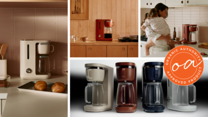 collage of images of new Caraway coffee maker in lifestyle settings and product shot with Organic Authority Approved Seal