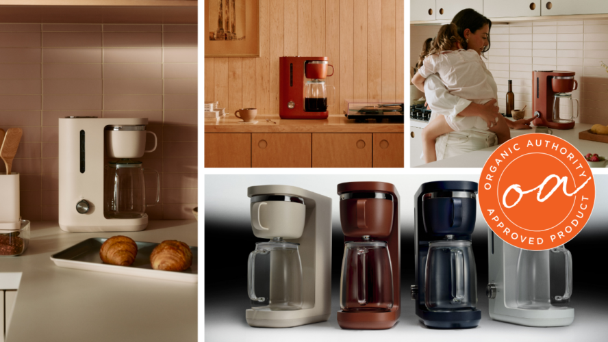 collage of images of new Caraway coffee maker in lifestyle settings and product shot with Organic Authority Approved Seal