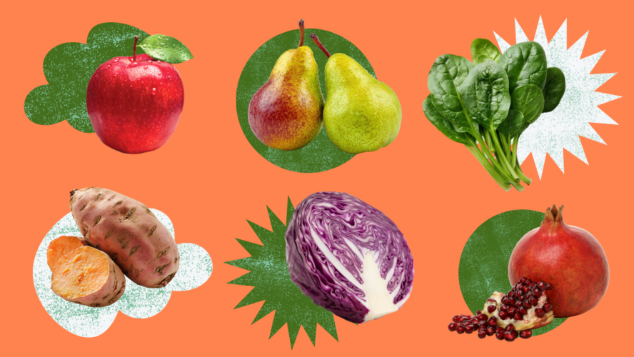 Image of six different fall produce items, from apples to sweet potatoes, shown against an orange background.