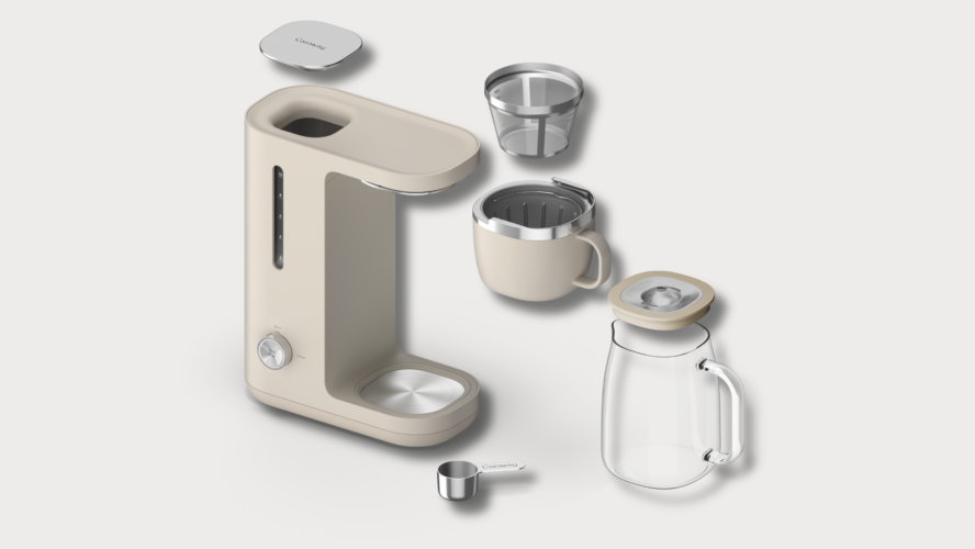 components of new Caraway Coffee Maker, with Clean Brew System on display