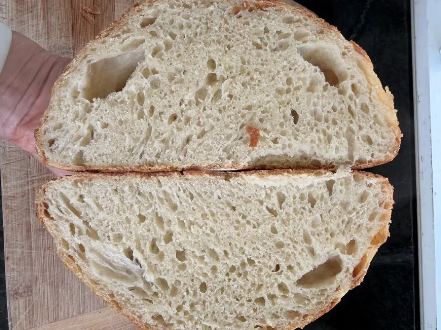 Image of a loaf of bread sliced in half to show the crumb within.