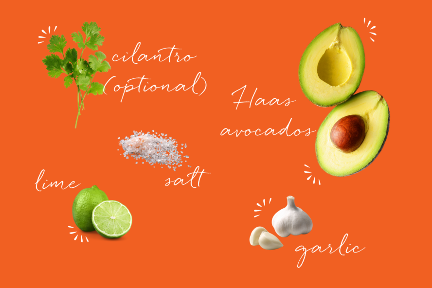 individual ingredients for the best guacamole, avocado, lime, salt, and garlic on a bright orange background