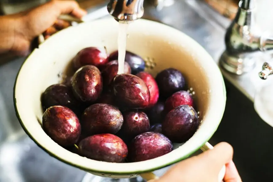 Image of a bowl of plums shown under running water.