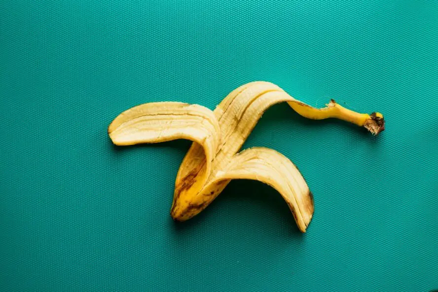 Image of a banana peel shown on a textured green background.