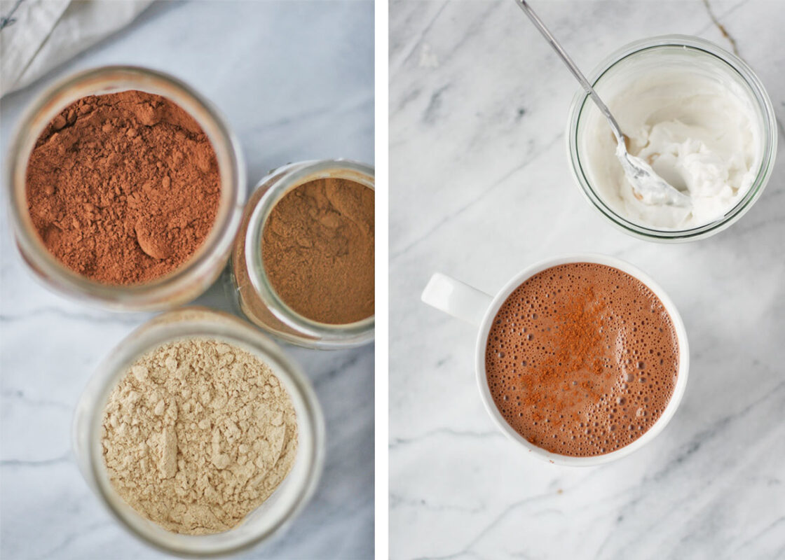 Side by Side image of Vegan Superfood healthy Hot Chocolate recipe With Reishi, Maca, and Raw Cacao, on the left, overhead view of the 3 superfood ingredients, maca, cacao, and reishi, and on the right, an overhead view of the finished cacao hot chocolate and whipped coconut cream.