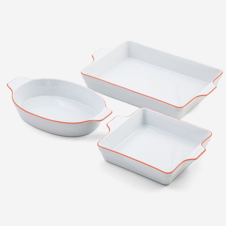 Image of Made In's 3 piece porcelain nontoxic bakeware in white with red trim on plain white background.