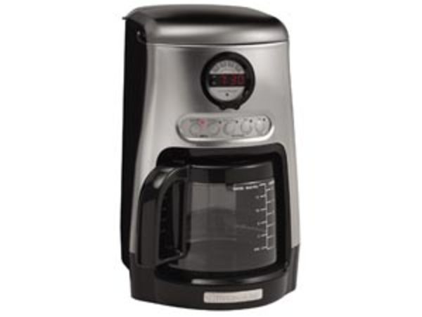 Stainless steel and black drip coffee maker with glass carafe and control panel