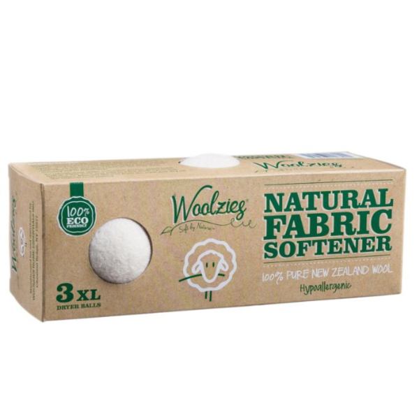 Woolzies Natural Fabric Softener dryer balls package with three XL wool balls