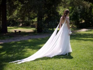 Bride walking outside