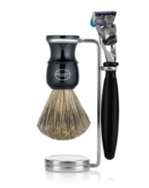 Three-piece shaving set with brush, razor, and stand in black and chrome finish