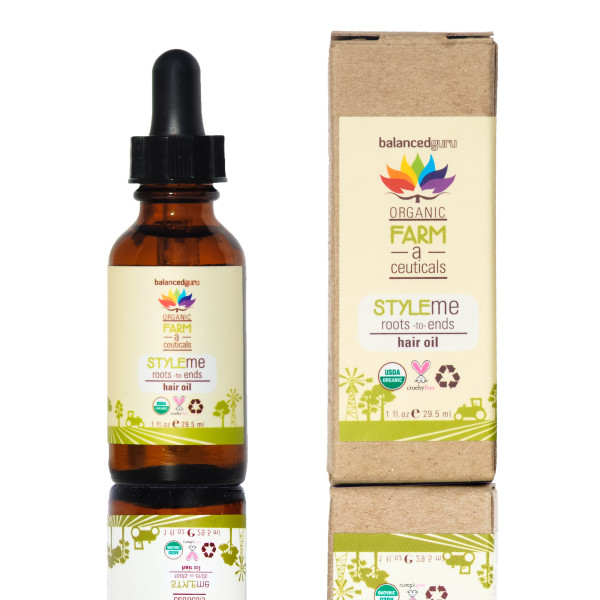 Balanced Guru Organic Farm Ceuticals STYLeme hair oil with packaging and dropper bottle