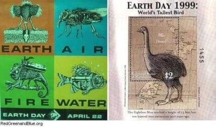 Earth Day 1999 poster featuring the four elements and a stamp of the world's tallest bird