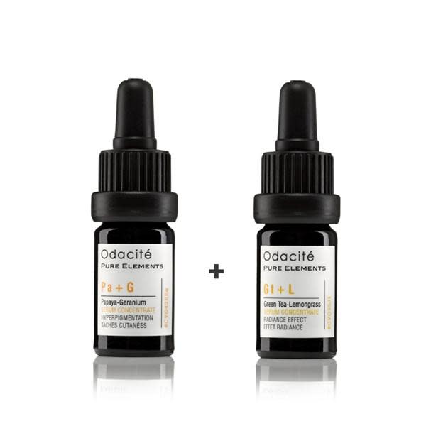Two Odacité Pure Elements serums with dropper bottles positioned side by side