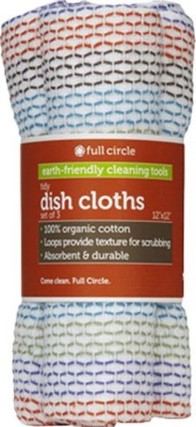 Full Circle organic cotton dish cloths in multicolored striped pattern with packaging