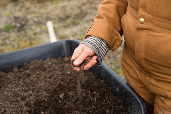 Image of someone standing next a wheel barrow with soil touching the soil from a regenerative agriculture farm. We define what regenerative agriculture is and it's connect to global and human health.