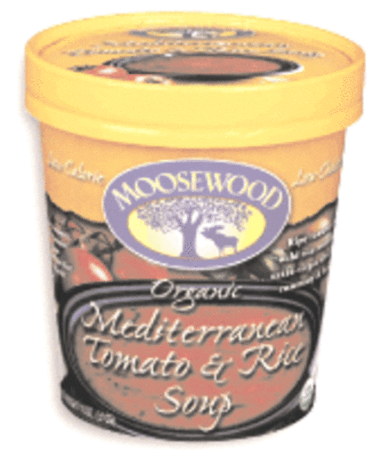 Moosewood Organic Mediterranean Tomato & Rice Soup container with yellow lid