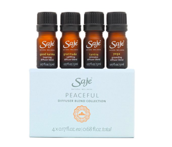 Saje Peaceful Diffuser Blend Collection gift set with four essential oil bottles