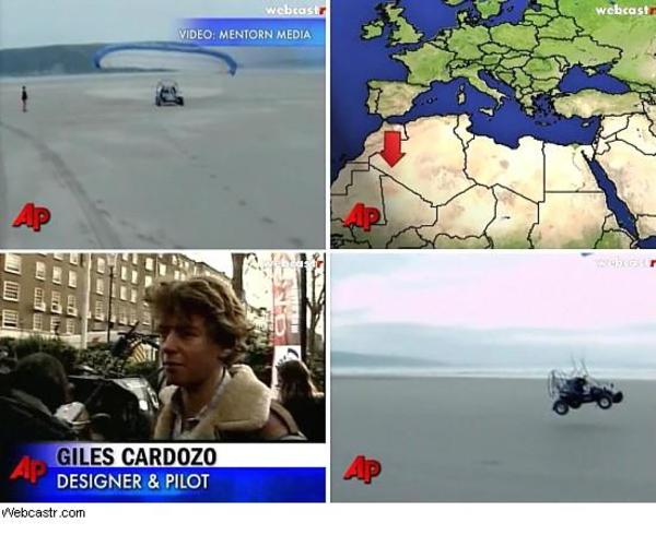 Giles Cardozo demonstrates his skycar design on a beach with vehicle and map insets