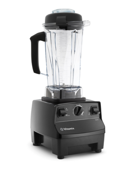 Black Vitamix blender with clear pitcher and control panel