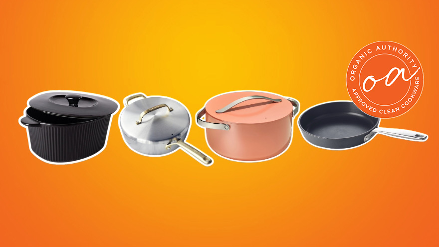 Image of a graphic banner with an orange background and four of the best ceramic cookware brands