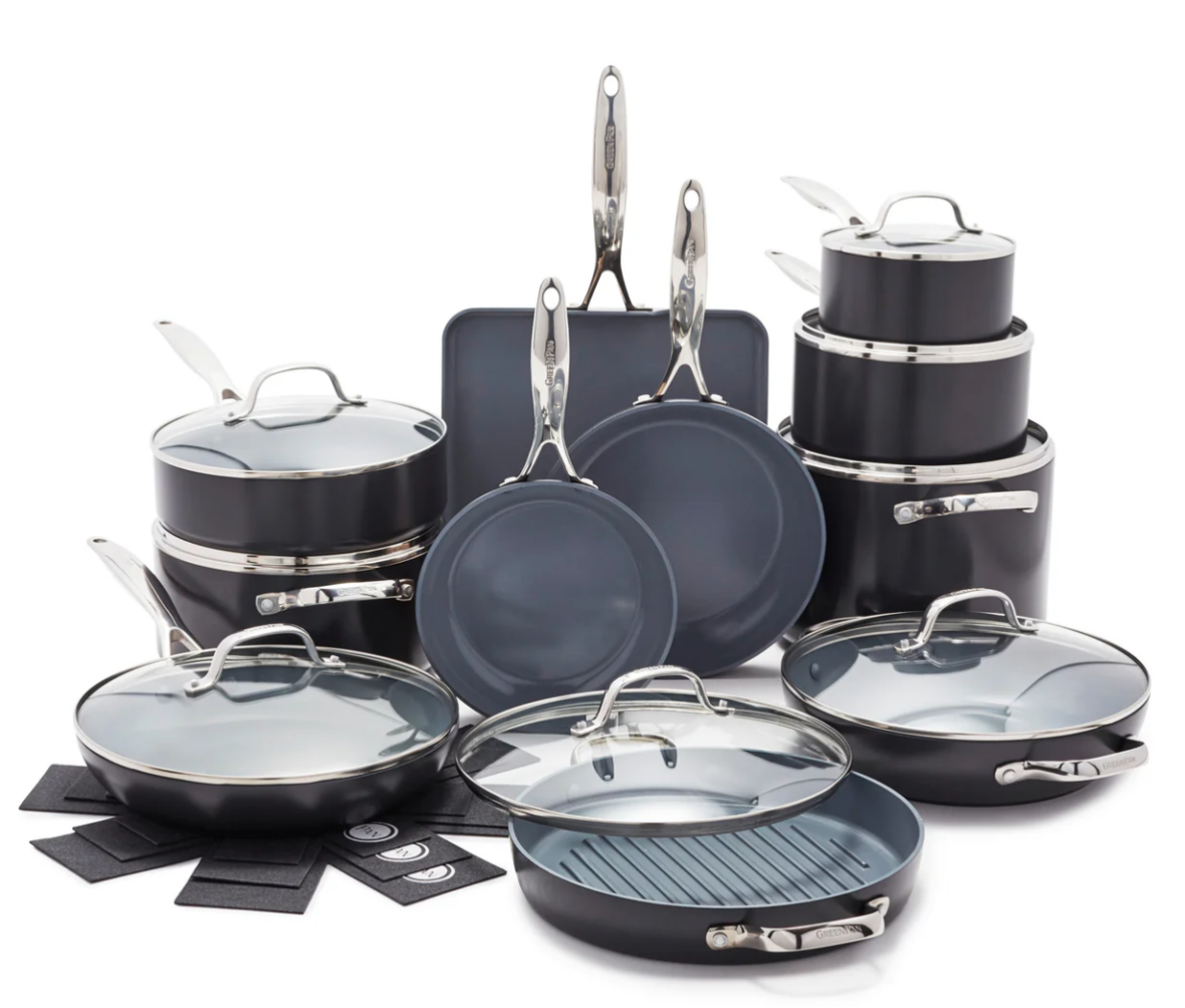 Image of a large, 19-piece GreenPan cookware set in the Valencia Pro award winning product line set against a plain white background. This set has it all and each product in this set serves a function that will have your kitchen  fully kitted out and will sort out your problem of not having the right pan for the job once you've bought this. 