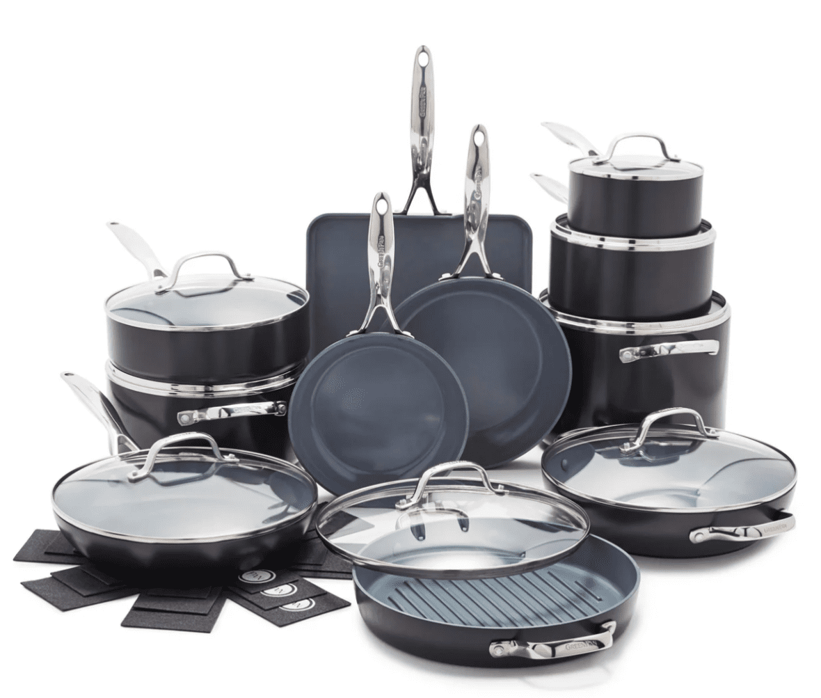 Image of a large, 19-piece GreenPan cookware set in the Valencia Pro award winning product line set against a plain white background. This set has it all and each product in this set serves a function that will have your kitchen fully kitted out and will sort out your problem of not having the right pan for the job once you’ve bought this.