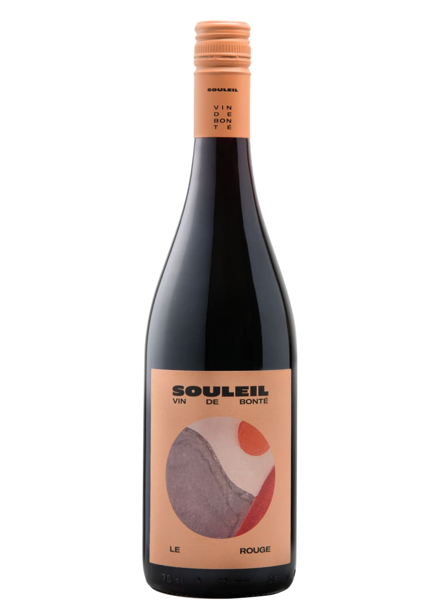 Image of a bottle shot of Souleil in a dark bottle with a colorful label.