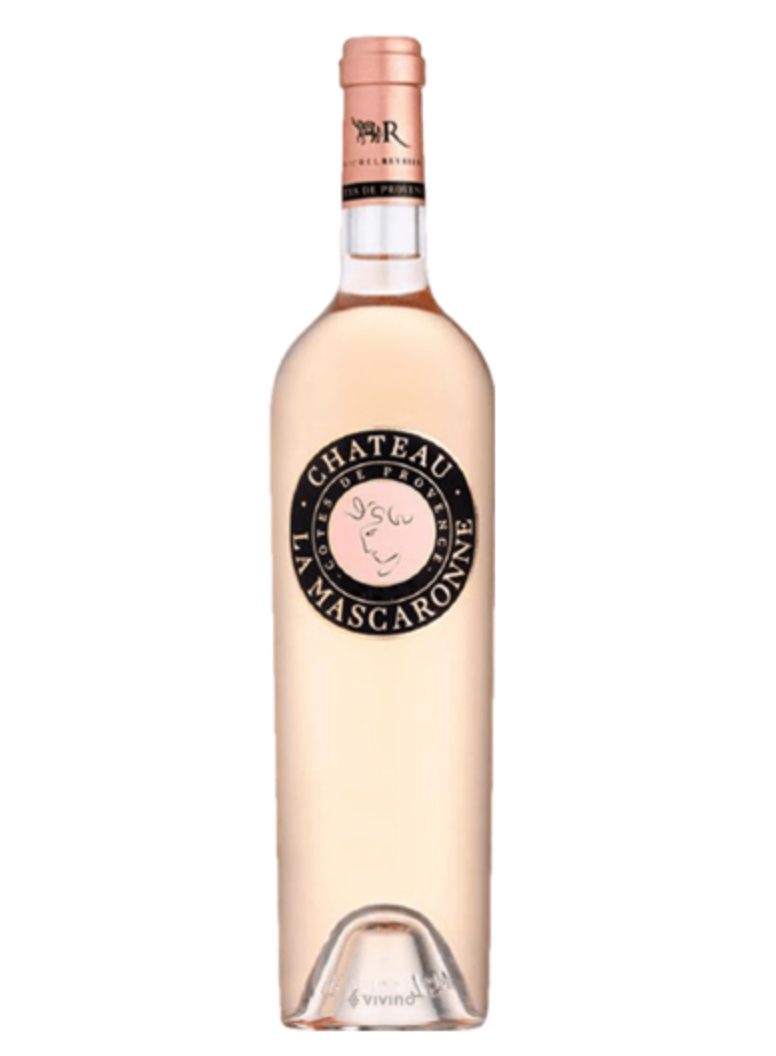 Image of a bottle shot of Château La Mascaronne, a rose in a clear bottle with a black circle label