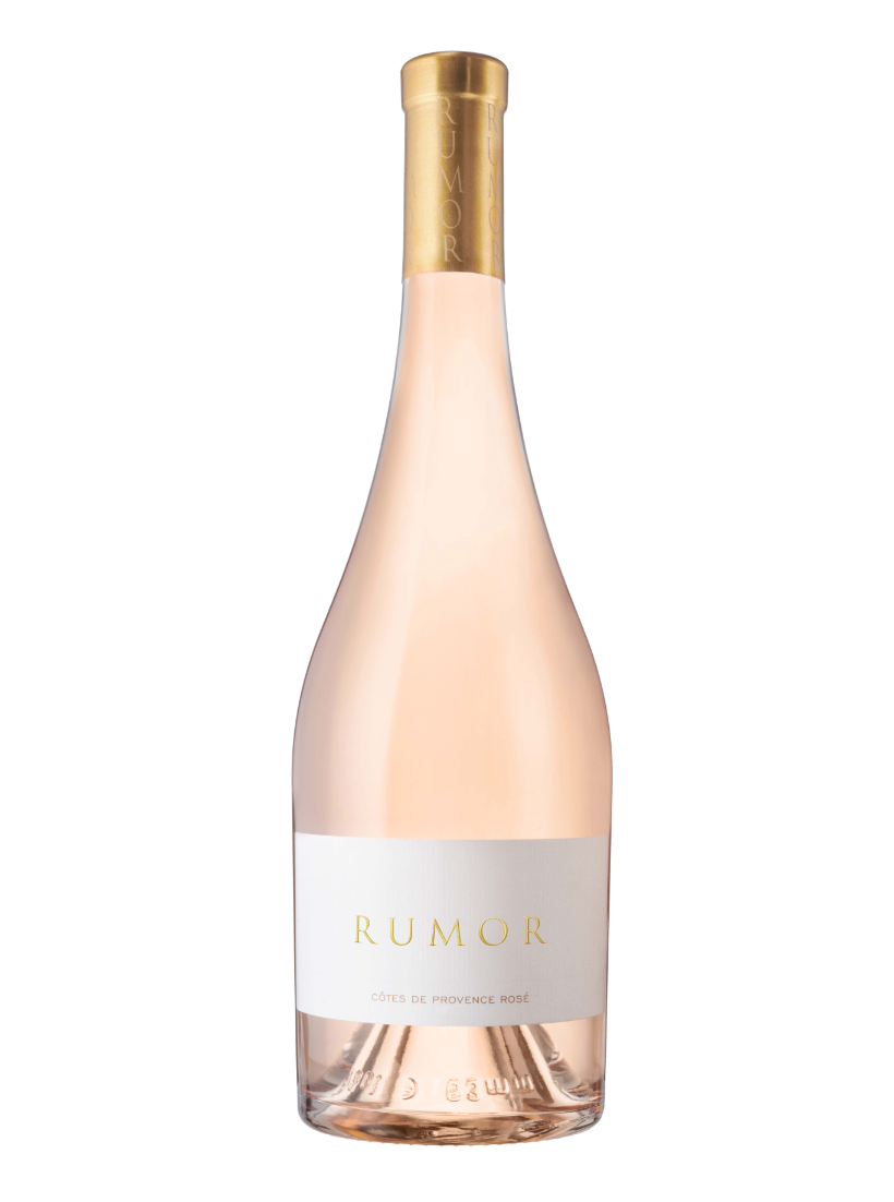 bottle shot of a Rumor wine, light pink in hue in a clear bottle.