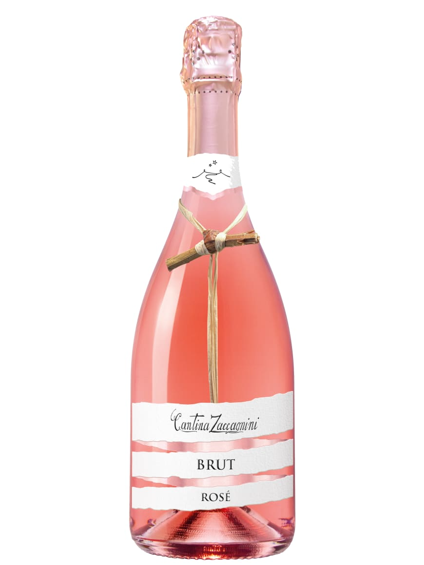 Image of a bottle shot of Zaccagnini Brut Rose organic wine with plain, white background.