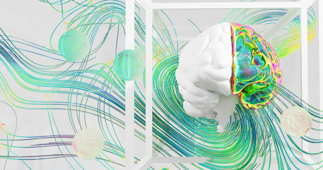 Image of a visually exciting piece of art featuring a white sculpture of a brain with half of it covered in colorful paint that appears to run off into a cool design. This is a visual representation of the connection of mental fitness and Alzheimer's prevention.