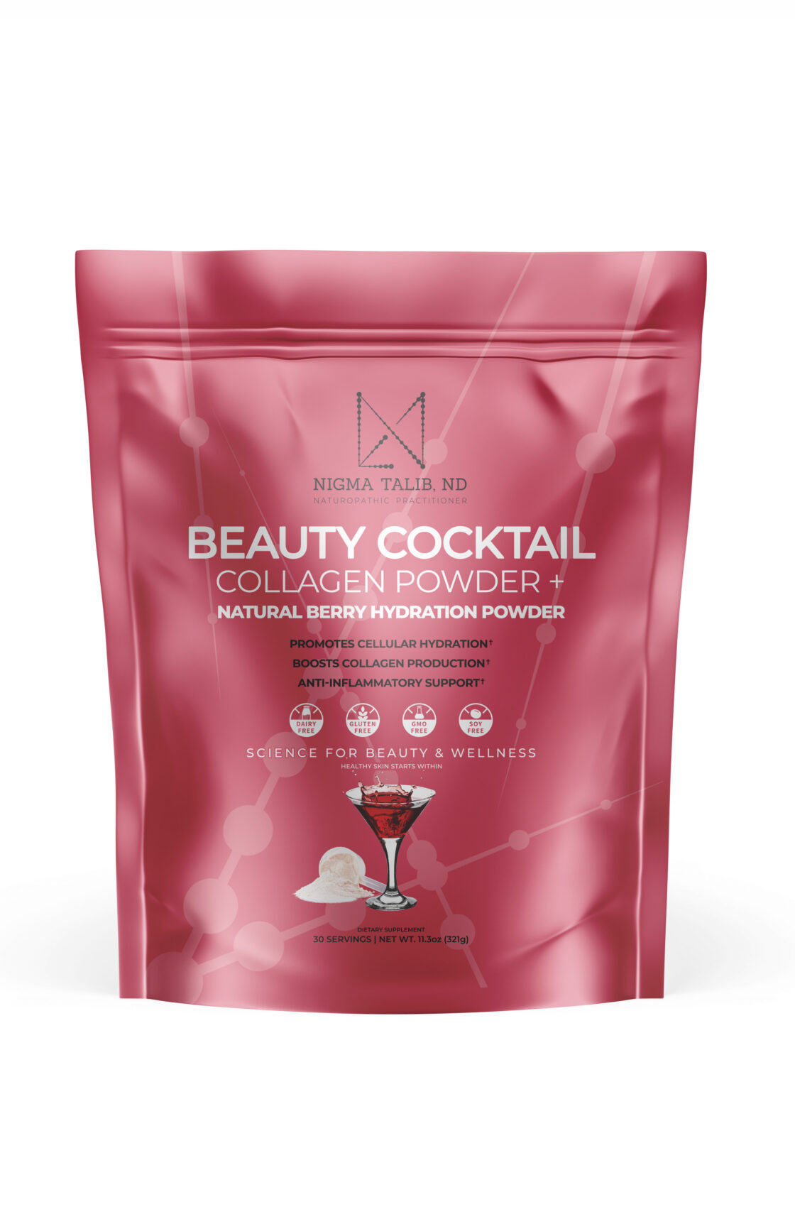 Dr Nigma Talib's Beauty Cocktail Collagen Powder is an excellent collagen supplement containing hydrolyzed collagen, collagen peptides from marine sources. Image of pink bag of Beauty