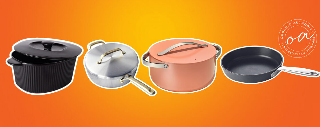 Image of 4 of the best ceramic cookware pieces from the best brands based on testing by a professional chef, on a bright orange gradient background with a Organic Authority Approved Seal, showing that we back these non-toxic cookware brands and know them to be of the highest quality, based on research and other quality testing factors.