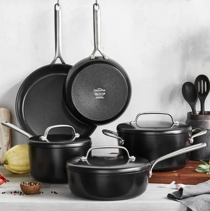 Greenpan GP5 collection of cookware. One of the best clean cookware sets. Best used with some delicious cooking oil. GreenPan's new GP5 line integrates 15 years of innovations creating their the most advanced ceramic nonstick collection and healthiest non-stick pans. Greenpan is one of our favorite safest cookware brands. They are creme de la creme of the bunch when it comes to ceramic coated cookware. The GreenPan Valencia Pro nonstick cookware set is another favorite, elite line.