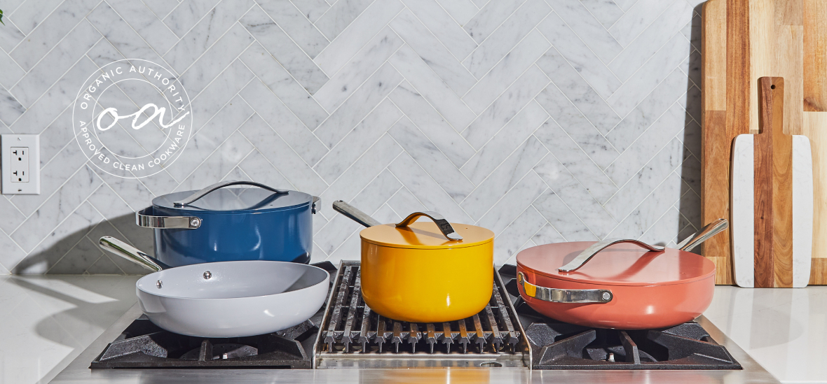 caraway cookware pots and pans on stove top