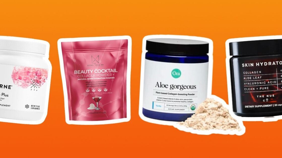 The 5 best collagen supplements, powders and peptides you can trust, to address visible signs of aging. Four of the five products are featured on an orange background, Thorne Collagen Plus, Dr. Nigma Beauty Cocktail Collagen Powder, Ora Organic Aloe Gorgeous, The Nue Co Skin Hydrator.