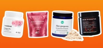 The 5 best collagen supplements, powders and peptides you can trust, to address visible signs of aging. Four of the five products are featured on an orange background, Thorne Collagen Plus, Dr. Nigma Beauty Cocktail Collagen Powder, Ora Organic Aloe Gorgeous, The Nue Co Skin Hydrator.