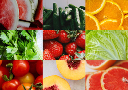 Image: collage of watermelon cucumbers oranges celery strawberries cabbage tomatoes peaches grapefruit. These are the best hydrating foods for your body and skin.