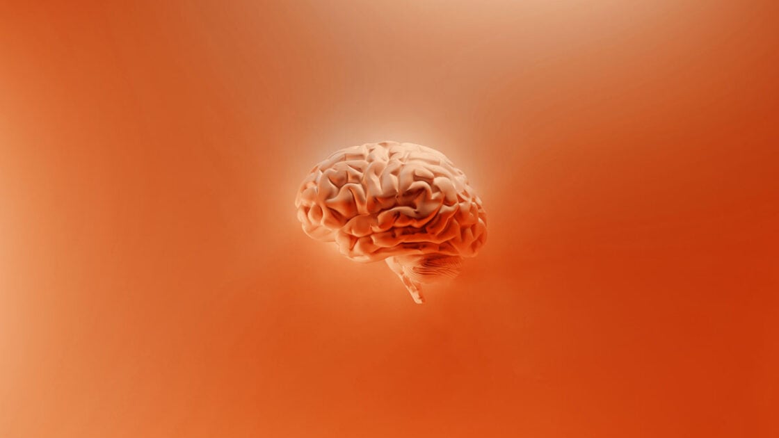 Image of a 3D brain in an orange tone on an orange background. This calls to mind mental fitness which is just as important as physical fitness for our health.