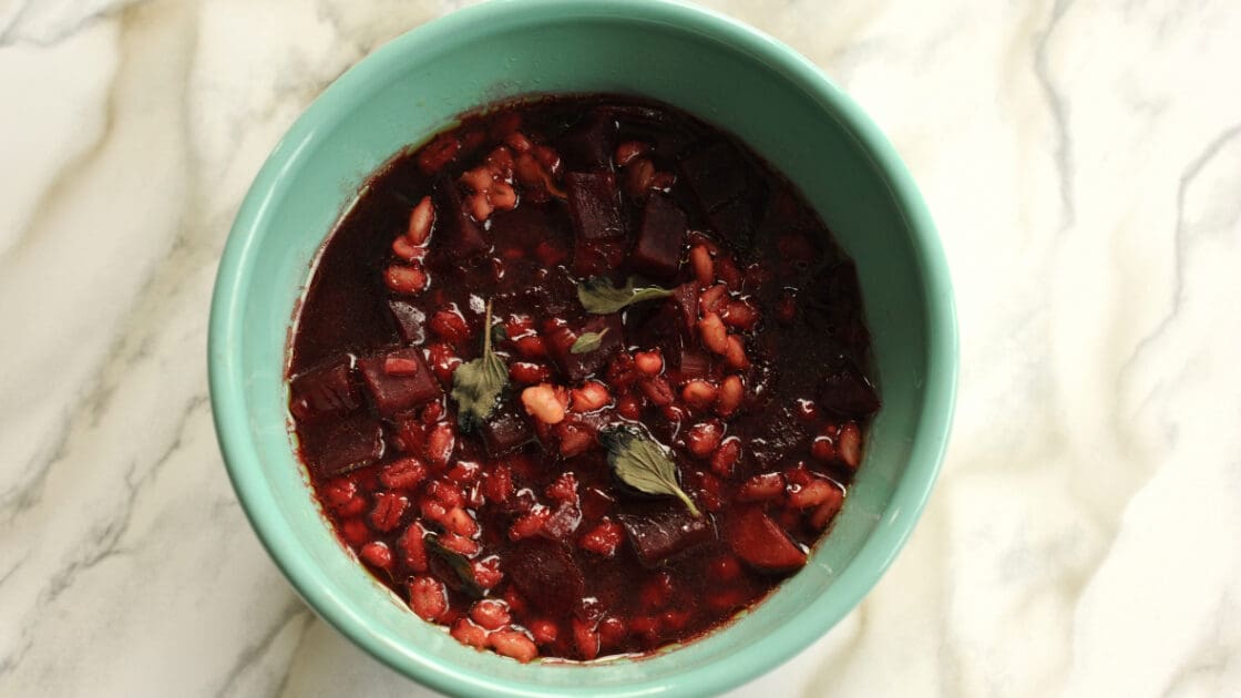 mushroom barley soup with cubed beets