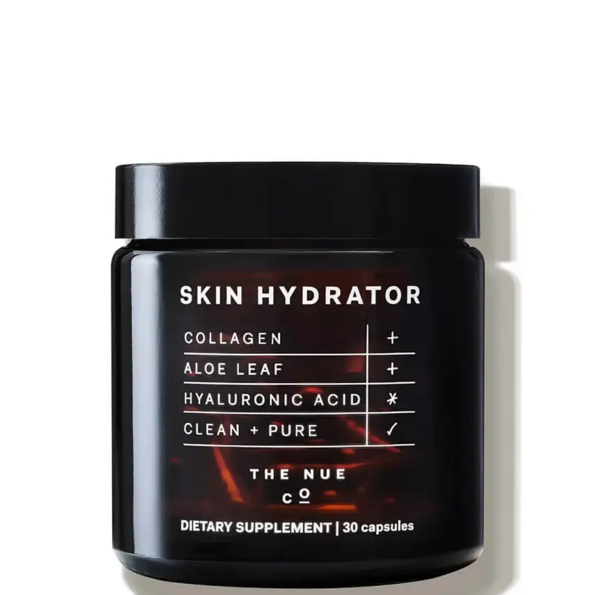 The Nue Co Skin Hydrator collagen supplement, in the form of collagen pills, contains hydrolyzed collagen, or collagen peptides sourced from bovine collagen. It also contains hyaluronic acid which is a skin and joint loving ingredient.