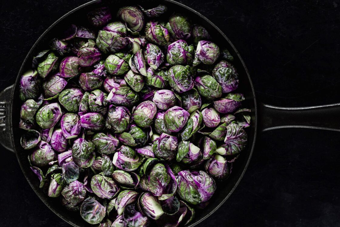 staub cast iron skillet with brussel sprouts