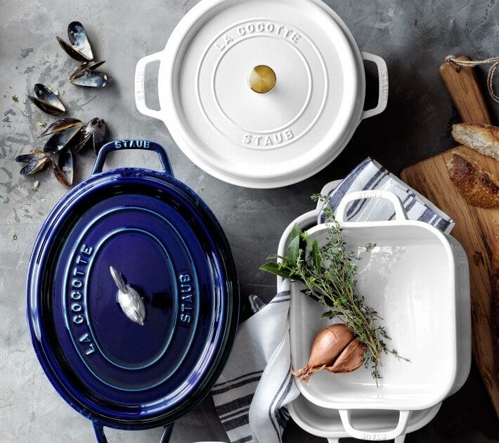 Staub Enameled Cast Iron in blue and white.